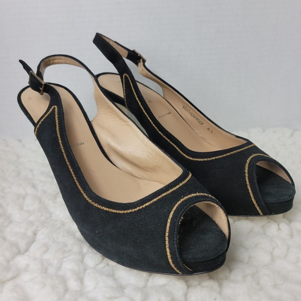 Ron White Womens Shoes Size 10.5 Slingback Shoes Peep Toe Black Suede Golf Trim